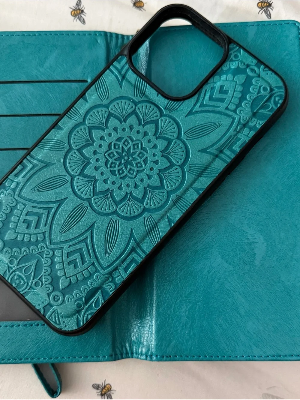 Teal Embossed Floral Wallet Phone Case with Wrist Strap iPhone 13 ProMax